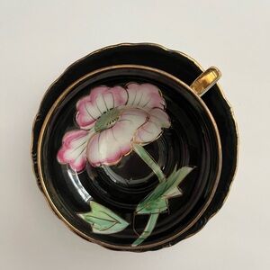 Vintage Nasco 3 Footed Lusterware Pink Flower on Black Tea cup and saucer